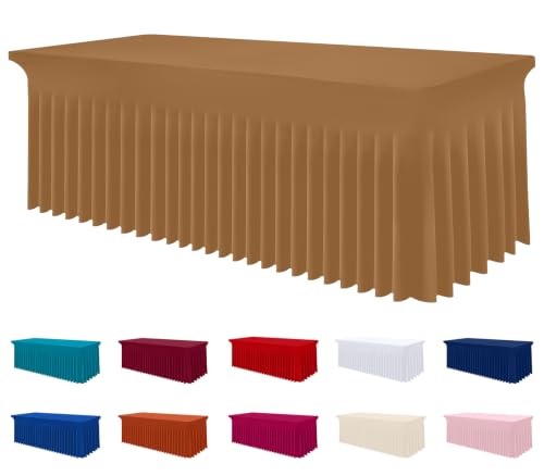 Image of Smiry Spandex Elastic Fitted Table Cloth Skirt for 8FT Rectangle Table | Stretch Washable Table Cloth, Banquet Table Cover for Wedding, Party, Indoor & Trade Shows, (Brown, 96Lx30Wx30H)