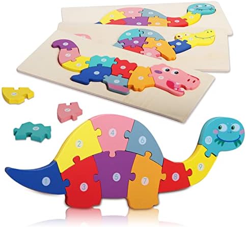 3 Pcs Dinosaur Numbers Puzzle Wooden Jigsaw Puzzles for Toddlers, Wooden Jigsaw for 2 3 4 5 6 Year Olds, Educational Toys Montessori Games Wooden Puzzle for 2+ Year Olds Boys Girls Birthday Gift