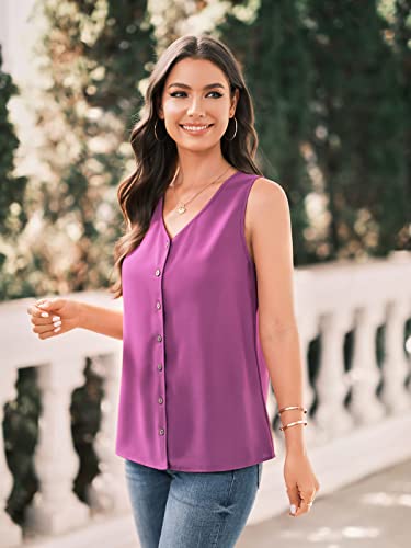 Womens Summer Sleeveless Shirts Button Down V Neck Blouses Casual Tank Tops Purple #TOP1