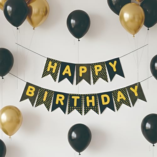 Image of Black & Gold Metallic Balloon Set with Happy Birthday Banner Perfect for Stylish Parties & Festive Events