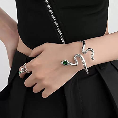 Cualque Snake Cuff Bracelet Vintage Punk Open Arm Cuff Bracelet Gothic Silver Serpent Animal Warp With Green Eyes Snake Jewelry For Women Girls #TOP1