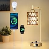 Stepeak Boho Gold Lamp for Bedroom, Small Rattan Table Lamp with LED Bulb, Nightstand Bedside Lamp with Wicker Shade, USB Charging Ports and Outlet, Modern Side Desk Lamp for Living Room Office