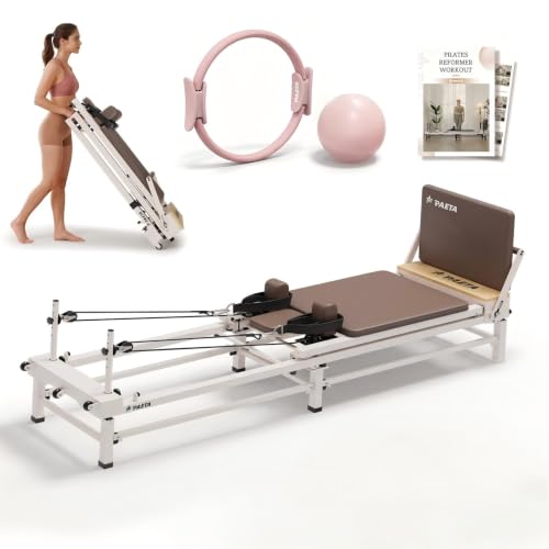PAETA Pilates Reformer, 86" Foldable Reformer Pilates Machine with Adjustable Reformer Heights, Pilates Equipment with Music Wire Spings and Jump Boards(Walnut Reformer with Ring Set)