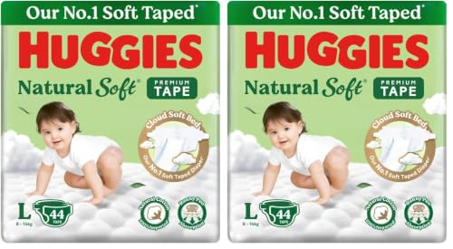 Image of Huggies Natural Soft Premium Tape Diapers Large (L) Size, 9-14 kgs,44 Count | Our No.1 Soft Taped Diaper with Cloud Soft Bed and Runny Poo Absorption (Pack of 2)
