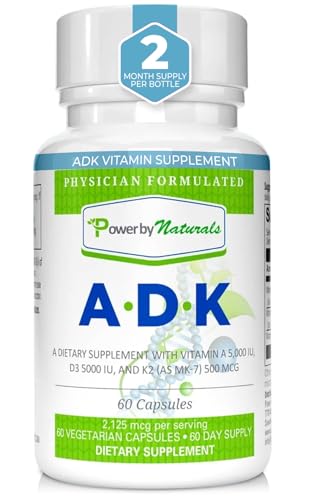 Power By Naturals ADK Vitamin Supplement - High Potency Blend of VIT A D3 K2 Vitamin 5000 iu - Support Bone, Heart & Immune Health - 60 Capsules (2 Month Supply)