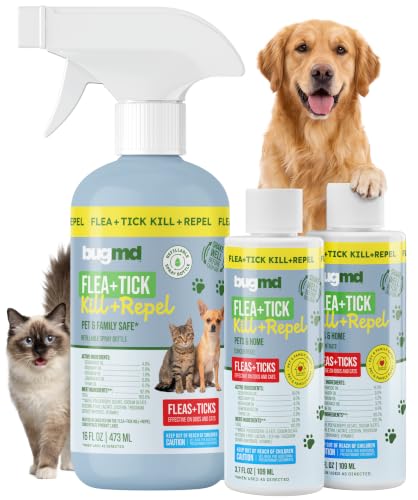 Image of BugMD Flea and Tick Spray for Dogs and Cats - Kills & Repels on Contact - Plant-Powered Flea Treatment for Home, Furniture & Carpet | Makes 32 oz