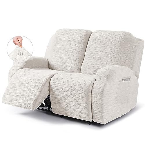 Image of VANSOFY Recliner Cover, 2-Pieces Stretch Reclining Couch Cover with Pockets Loveseat Sofa Slipcovers Soft Washable Furniture Protector for Dogs Cats(Off White)