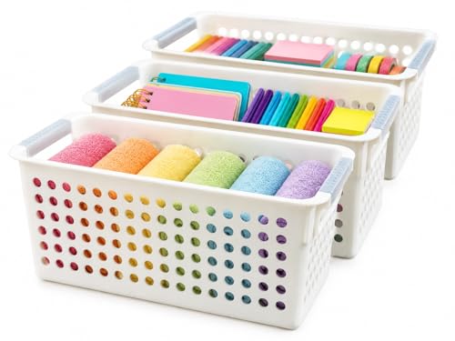 Image of Basicwise Set of 3 White Rectangular Plastic Storage Basket with Easy-Grip Handles Ventilated Organizer Bin for Bathroom Pantry Closet Laundry Kitchen Shelf Countertop & Home Organization Essentials