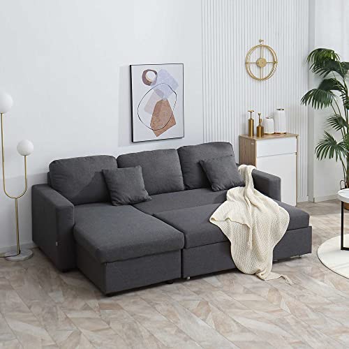 Homcom Sectional Sleeper Sofa, Linen Fabric L Shaped Couch With Pull Out Bed, Reversible Storage Chaise For Living Room, Apartment, 3-Seat, Dark Grey #TOP1