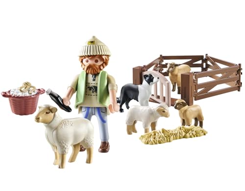 PLAYMOBIL Country 71444 Junger Schäfer mit Schafen, Hüten und Pflegen der Schafe mithilfe des Bordercollies, mit Zubehör wie Haartrimmer und Strohballen, nachhaltiges Spielzeug für Kinder ab 4 Jahren