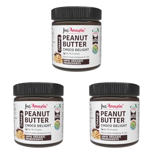 Image of Jus' Amazin Creamy Organic Peanut Butter - Choco Delight (200g) | No Refined Sugar | 26% Protein | 0% Chemicals (No Emulsifiers, INS or E ingredients) | Vegan, Dairy-Free | Chocolate Spread, Chocolate peanut butter