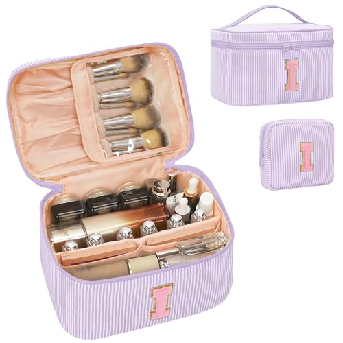 MONSTINA Personalized Initial Makeup Bag for Women Teen Girls, Purple I