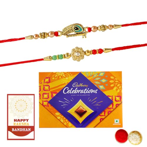 Image of maalpani Stylish Rakhi Set of 2 for Brother with Cadbury Celebrations Chocolate Box & Roli Chawal Tika | Traditional Rakshabandhan Gift Hamper | Festival Combo