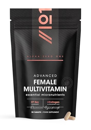Womens Multivitamins & Minerals with Collagen & Hyaluronic Acid - 27 Essential Vitamins Minerals & Botanicals - 90 Tablets No Synthetic Fillers or Binders by Alpha01