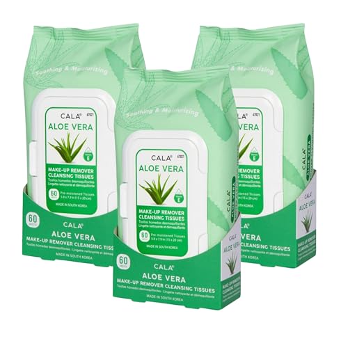 CALA Makeup Remover Cleansing Tissues: Aloe Vera - Gentle, Hydrating, and Effective Makeup Removal for All Skin Types (180 count - Pack of 3, Aloe Vera)