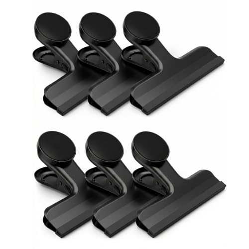 Image of HOUSE AGAIN Magnetic Chip Clips, Stainless Steel Chip Bag Clips with Strong Magnet and Silicone Cover, Heavy Duty Food Bag Clips for Kitchen Storage, 6 Pack Black, 3 Inch