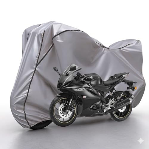 Image of Waterproof Bike Body Cover Compatible with Yamaha R15 Dustproof Scratchproof - Motorcycle Cover for Two Wheeler, Outdoor Full Cover with UV, Duty, Rain Protection (Silver & Black) R1