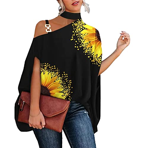 Blusa con Hombros Descubiertos Y Cuello Alto para Primavera Y Otoño para Mujer, Camisa Holgada Informal con Estampado de Gran Tamaño para Exteriores(XL-Girasol Negro) Cover