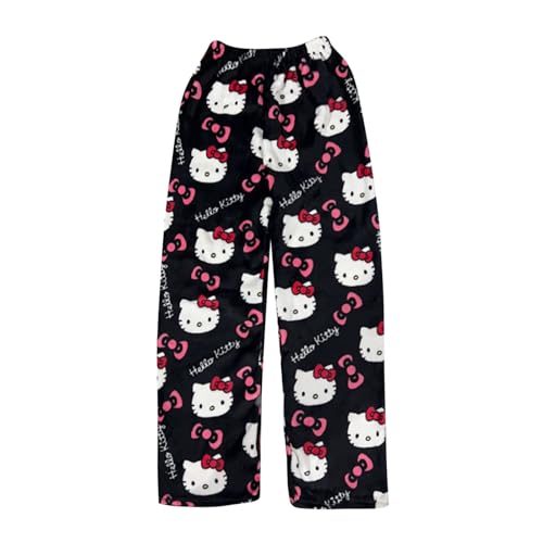 𝑯ello 𝙆itty Schlafanzug Damen Hosen Lang Flanell Pyjama Hose Damen Schlafhose Weich Kawaii Pyjamas Anime Bequeme Winter Schlafanzughose Kuschelhose Flauschig