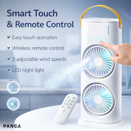 Image of PANCA Portable Double Ended Spray Fan with Misting | USB Rechargeable Mini Air Cooler with LED Light | Touch & Remote Control | 3 Speed Cooling Fan with 280ml Water Tank