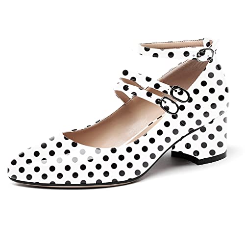 WAYDERNS Women's Block Ankle Strap Mary Jane Round Toe Patent Buckle Chunky Low Heel Pumps Cute Dress Shoes 2 Inch