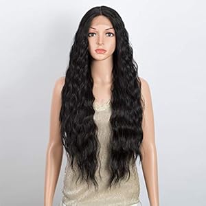 DÉBUT Lace Front Perücke 75 cm Wasserwelle Super lange Perücke 5% Brasilianisches Reines Echthaar und 95% Hitzebeständige Synthetische Mischung Perücke 240g 12 cm Spitzenscheitel (75 cm,Naturschwarz)