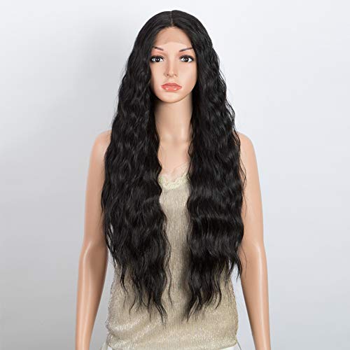 DÉBUT Lace Front Perücke 75 cm Wasserwelle Super lange Perücke 5% Brasilianisches Reines Echthaar und 95% Hitzebeständige Synthetische Mischung Perücke 240g 12 cm Spitzenscheitel (75 cm,Naturschwarz)