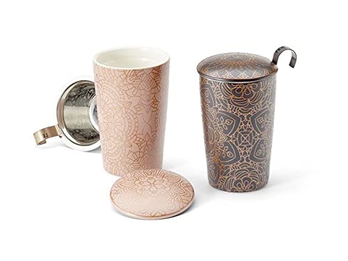 Neu teemando Tasse à thé aux herbes Mandala Porcelaine, 3 pièces, 2 assortiments différents à double paroi, avec filtre en acier inoxydable, 0,35 l