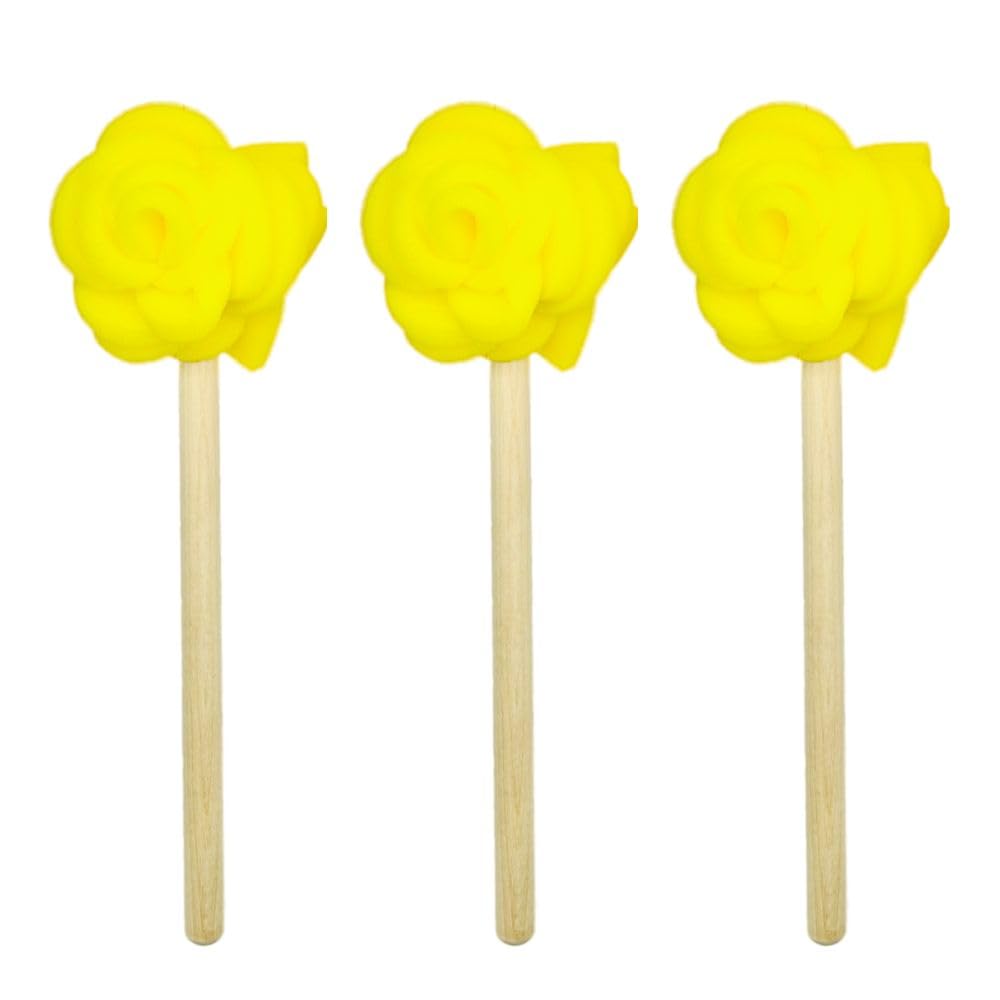 Jetz-Scrubz Flower Rose Foam Dish Mops with Solid Birch Wood Handles, 3-Pack, Made in USA (Yellow)
