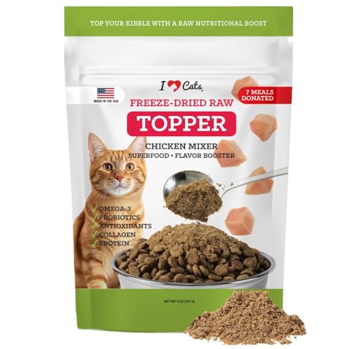 iHeartCats Nutrition Boost Chicken Cat Food Topper & Seasoning –Tasty Freeze Dried Chicken with Probiotics, Collagen, Salmon Oil, Blueberries & Carrots- 5 oz