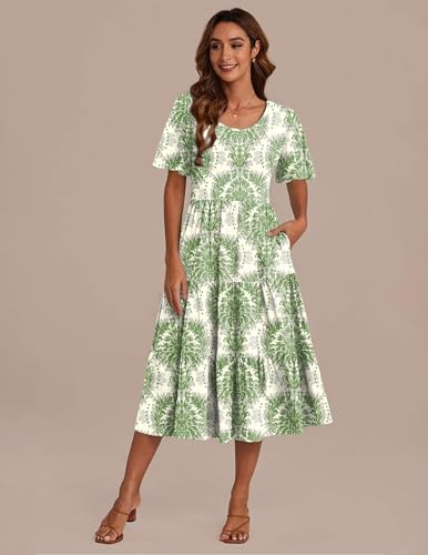 Image of Zeagoo Women 2025 Summer Dresses Flutter Short Sleeve Casual Dress Loose Swing Tiered Midi Dress with Pockets