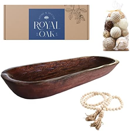 Decorative Wooden Dough Bowl - Royal Oak 3-for-1 Bundle with Garland Beads & Wicker Balls - 19" Long Wood Bowls For Decor - Home Dining Table Decor Bowl - Farmhouse Wooden Centrepiece