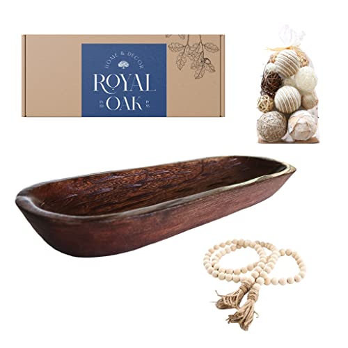 Decorative Wooden Dough Bowl - Royal Oak 3-For-1 Bundle With Garland Beads & Wicker Balls - 19" Long Wood Bowls For Decor - Home Dining Table Decor Bowl - Farmhouse Wooden Centrepiece #TOP28