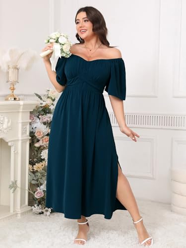 Plus Size Dress Wedding Guest Semi Formal Ruffle Short Sleeve Sweetheart Neckline Slit A Line Flowy Maxi Dresses3