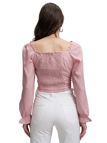Image of Tokyo Talkies Women's Square Neck Ruched Crop Top | Puff Sleeves | Chic & Flattering | Perfect for Casual & Dressy Outings | Tops for Woman | Women Tops | Stylish Top