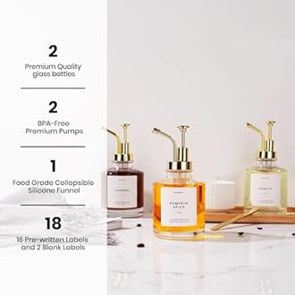 Molimoli Coffee Syrup Dispenser for Coffee Bar, Coffee Pump Dispenser, Glass Syrup Bottle w. Pump, 11.8 oz 350 ml, Set of 2, Gold Upgraded Pump