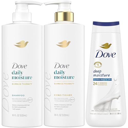 Dove Daily Moisture Shampoo & Conditioner Set with Deep Moisture Body Wash Deep Hydration for Revitalizing Dry Hair and Skin (3-Piece Set)