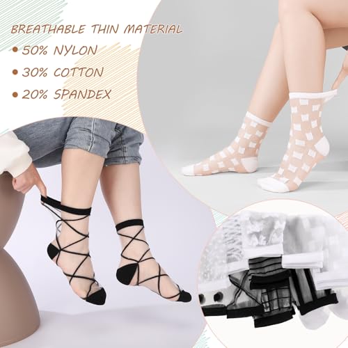 Image of Jspupifip Sheer See Through Socks for Women - Striped Plaid Mesh | Polka Dot & Bow Design Transparent Soft Breathable Fashion Stockings, Lightweight Lace Socks