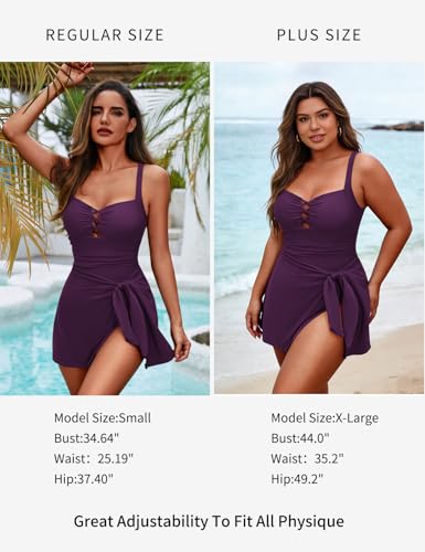 Image of Zilcremo Swim Dress for Women Tummy Control One Piece Swimsuit Wrap Swimdress Square Neck Skirted Bathing Suit Swimwear