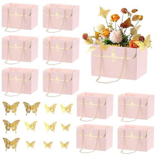 Sacs à fleurs roses et boîtes papillon pour votre décoration de table