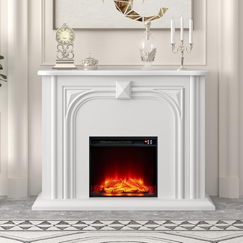 47" Electric Fireplace with Mantel for Living Room Bedroom,Freestanding Fireplace Heater with 18" Insert Fireplace with 5 Level Adjustable Flame,Remote Control,Timer,Wooden Surround Fireplace(White)