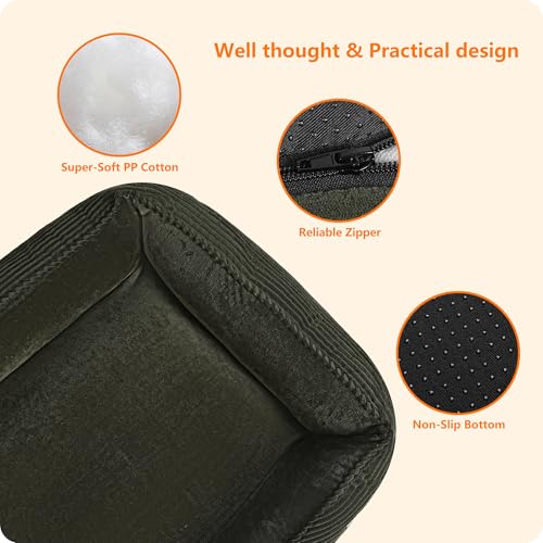HMTOPE Hundebett, Hundesofa, Hundematte aus Cord, S/M/L, rutschfest, Abnehmbar und Waschbar, Weich und Atmungsaktiv, Olivgrün, 110 x 85 x 27 cm