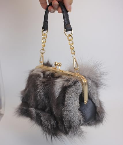Image of Luxurious Fashion Natural Fox Fur with Hair Handbag for Women and Ladies