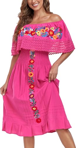 YZXDORWJ Mexican Dress for Women Embroidered Off-Shoulder Lace Dress Fiesta Mexico Boho Floral Dress (L 4834MR)