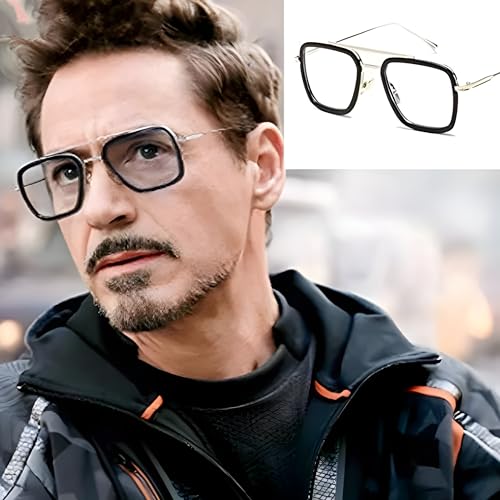 Image of Roshfort Men Women Square Eyewear Spectacles Frame Transparent Lens Light Weight Alloy Metal Eyeglass (C-4, Gold-Black)