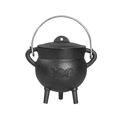 Cauldron -5.25 Inch Triple Moon Cast Iron Cauldron with Lid and Handle - Perfect Incense Smudge Kit Sage Holder Altar Ritual Burning Holder