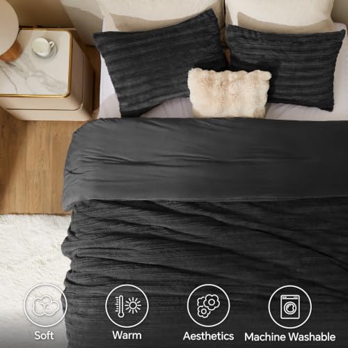 Image of BEDELITE Faux Fur Queen Comforter Set, Fluffy Bed Set, Black | Super Soft & Warm, Luxury Fuzzy Cozy Comforter for Winter, Heavy Plush Bed set, with 2 Pillowcases