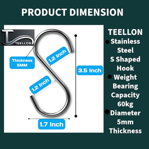 Image of 100% Stainless Steel S Hooks (Pack of 15) S Shaped Hook for Hanging Heavy Duty for Kitchen Cutlery, Bathroom Towels, Curtain rods, Potted Plants, Pan, Pot, Coat (5mm,3.5 Inch in Length)