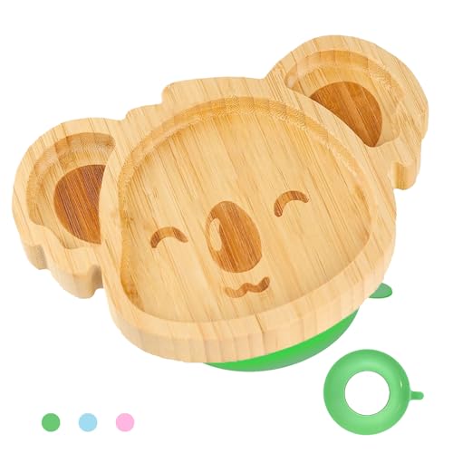 Image of qianliyer Bamboo Baby Plates with Suction - Natural Feeding Dishes for Babies and Toddlers, Perfect for Led Weaning, Non-Slip Design | Ideal Present for Kids (Green)