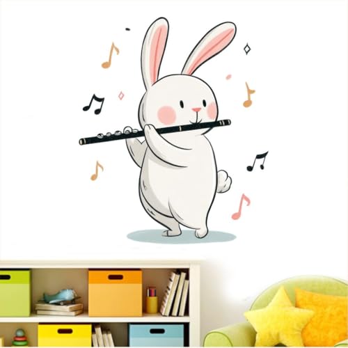 Image of Cute Bunny Playing Flute Wall Sticker | Cartoon Rabbit Self Adhesive Wall Decal for Kids Room, Nursery, Bedroom & Playroom Decoration